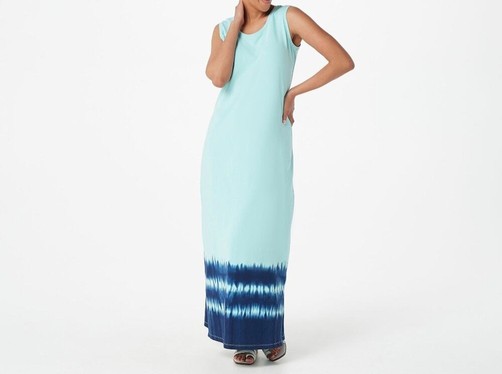 Denim & Co Large Turqouise Aqua Scoop Neck Maxi Dress Border Print A379742 EUC